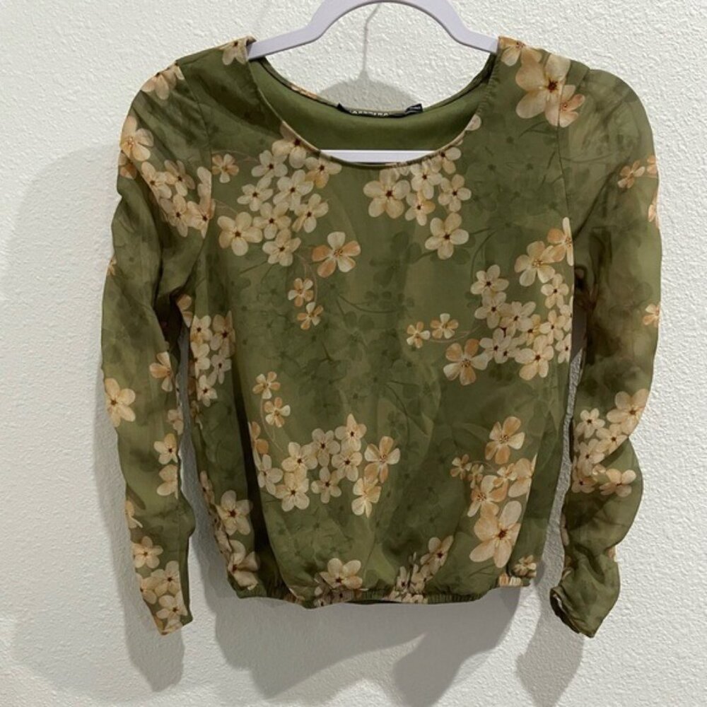 Sassafras 90’s Fairy Floral Sheer Top Y2K Long Sleeve Stretch Green Whimsical